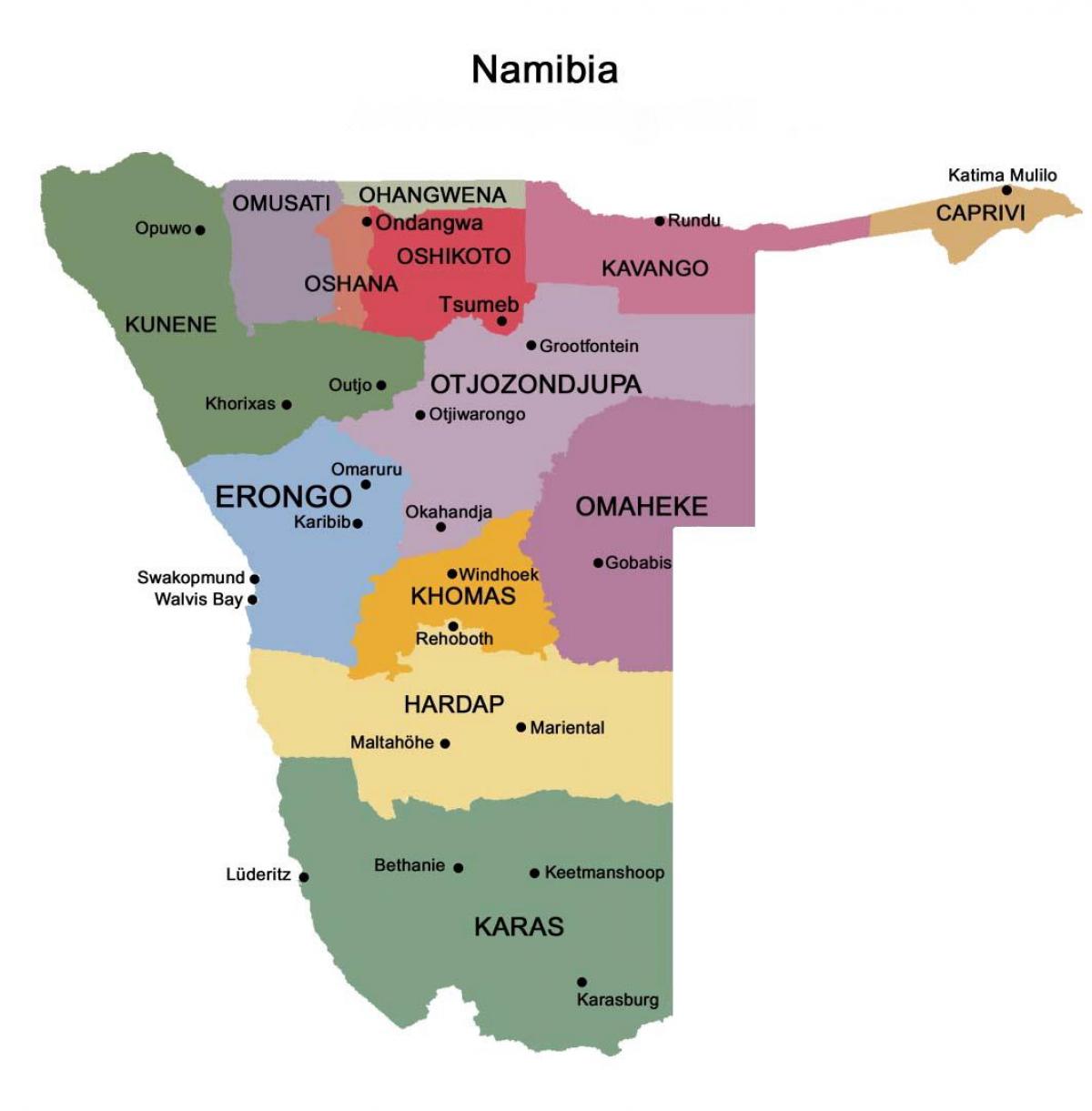 Χάρτης της Ναμίμπια με τις περιφέρειες